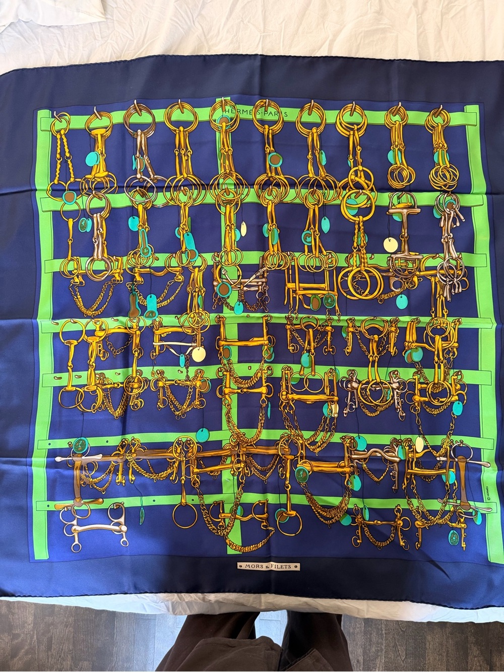 Hermes Blue Green Gold Silk Scarf - Horse Bits Motif